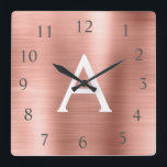 Relógio Quadrado Cor-de-rosa-pincelado - Nome do Monograma Metálico<br><div class="desc">Cor-de-rosa-azul - Rosa Dourado Faux Stainless Steel Foil Monograma Name e Clock Personalizado Único de Parede inicial para Casa ou Escritório. O Relógio de Parede faz o Natal perfeito ou doce 16,  18,  21rua,  40º,  50º ou 60º presente de aniversário para alguém que ama decoração metálica rosa.</div>