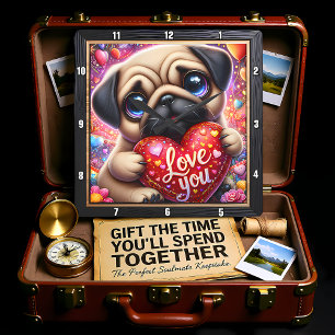 Relógio Quadrado Coração de Amor de Filhote Pug