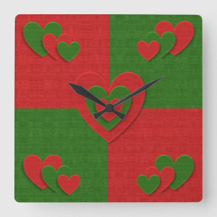Relógio Quadrado Coração nas Cores de Natal Olho Verde Vermelho
