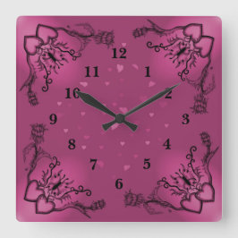 Relógio Quadrado Corações com Flores e Borboleta no Estilo de Tatua