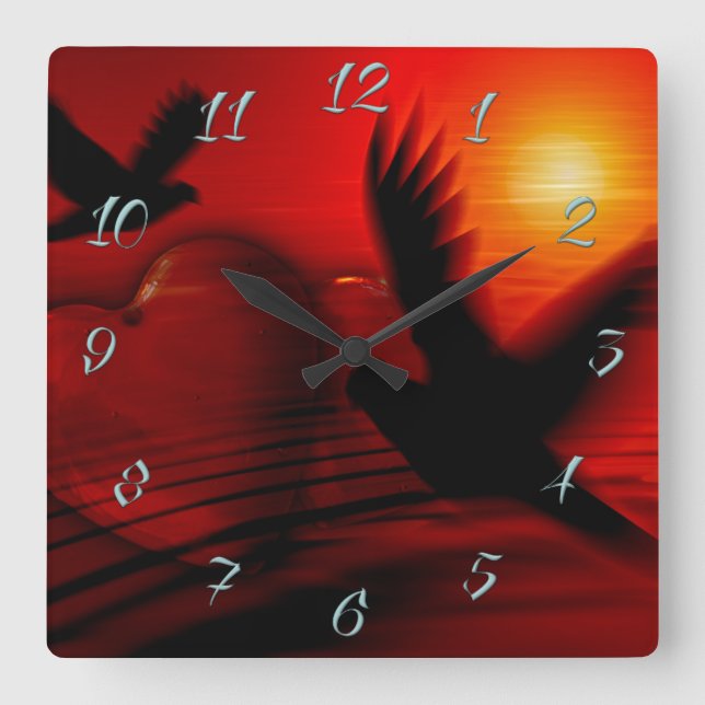 Relógio Quadrado Corações e Doves (Frente)