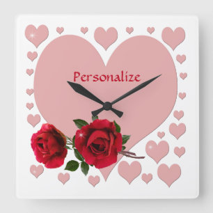 Relógio Quadrado Corações Rosa Românticos & Rosas Vermelhas Persona
