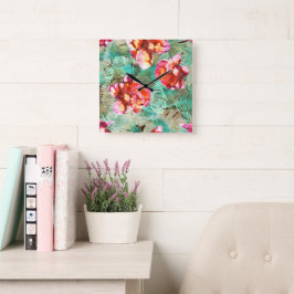 Relógio Quadrado Coral Floral Azul Turquesa - Travesseiro Vintage B