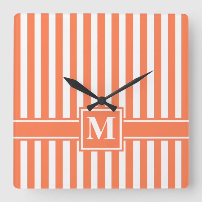 Relógio Quadrado Coral Modern Stripe com Monograma (Frente)