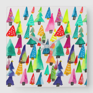 Relógio Quadrado Cores de água cegas Árvores de Natal