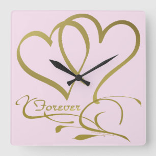 Relógio Quadrado Cores de fundo editáveis Forever Hearts Gold