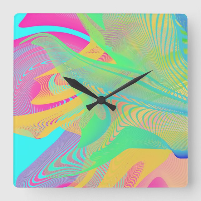 Relógio Quadrado CORES FLUO - Arte Fractal - (Frente)