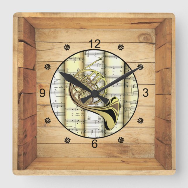 Relógio Quadrado Corno Francês ~ 3 Dimensionais ~ Folk Art Box ~ (Frente)