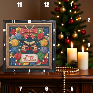 Relógio Quadrado Coroa de Fios de Tricô Feliz Natal