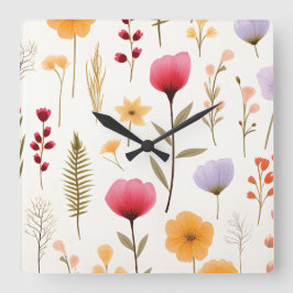 Relógio Quadrado Corte de Vidro com Padrão de Flores Silvestres Bot