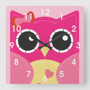 Relógio Quadrado Coruja cor-de-rosa bonito