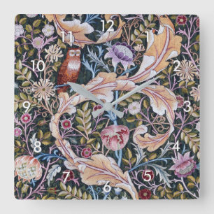 Relógio Quadrado Coruja e Flores, William Morris