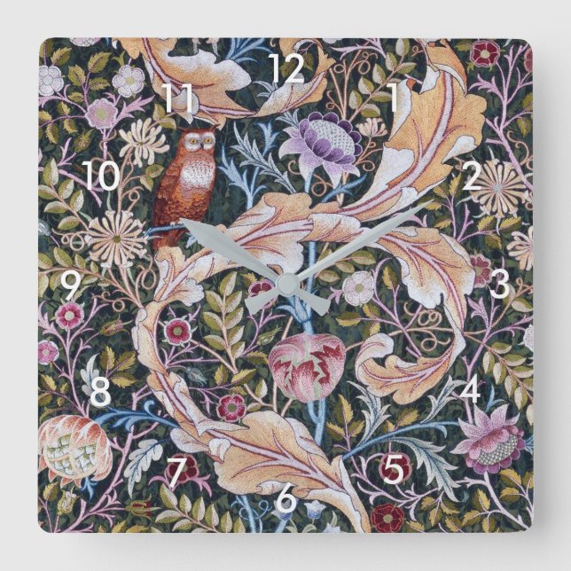 Relógio Quadrado Coruja e Flores, William Morris (Frente)