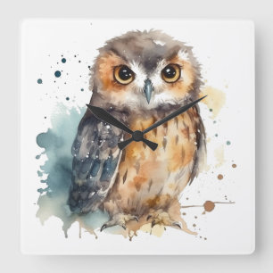 Relógio Quadrado Coruja Fofo em Aquarela