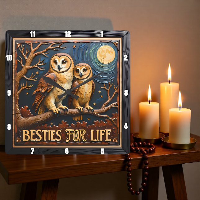 Relógio Quadrado Coruja Gravada Galho Lua Cheia (Criador carregado)