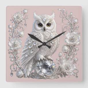 Relógio Quadrado Coruja Pérola Cristal Branco