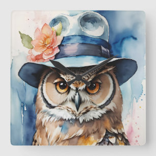 Relógio Quadrado Coruja Whimsical em Fedora Hat