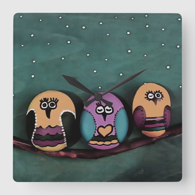 Relógio Quadrado Corujas Formatadas Oval Contra Arte Primitiva Nigh (Frente)