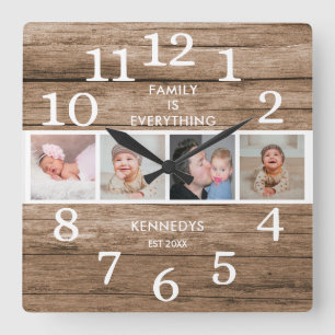 Relógio Quadrado Cota da Família Fotográfica Rustic Reclaimed Woo