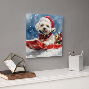 Relógio Quadrado Coton De Tulear no Trenó Deixe Nevar Natal