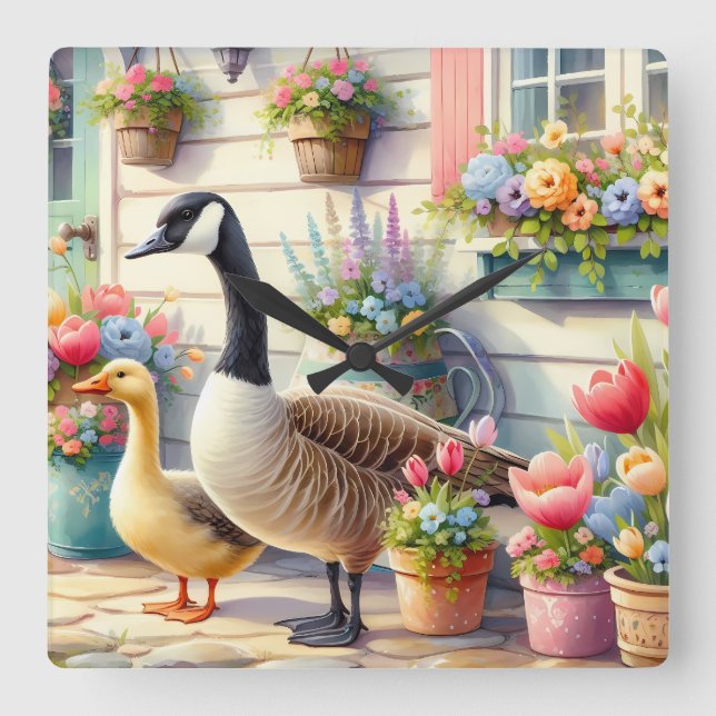 Relógio Quadrado Cottage Garden Geese Spring Illustration (Frente)