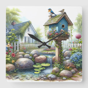 Relógio Quadrado Cottagecore Casa de Pássaros Jardim Aquarela
