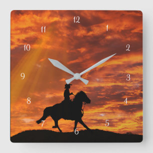 Relógio Quadrado Country Western Cowboy and Horse em Sunset