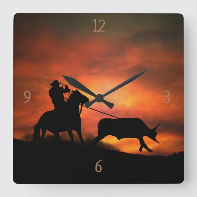 Relógio Quadrado Country Western Steer Roping Long Horn Cowboy (Frente)