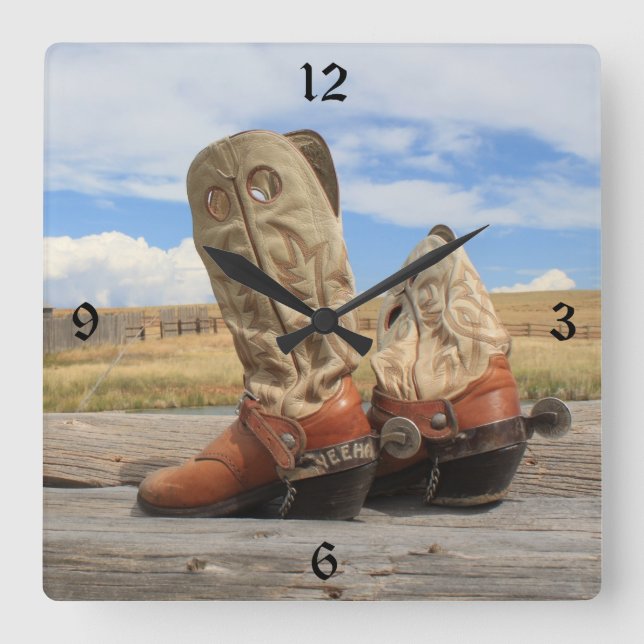Relógio Quadrado Cowboy Boots Yeehaw Numerated Wall Clock (Frente)