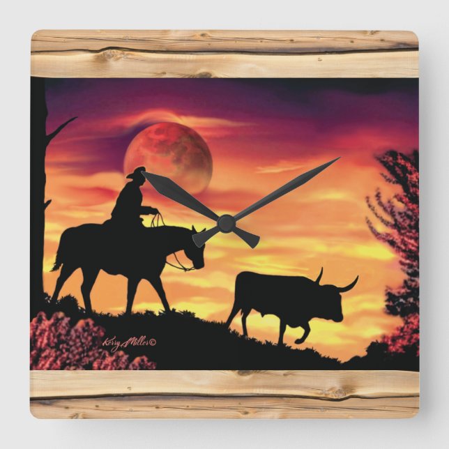 Relógio Quadrado Cowboy E Longhorn Steer Square Wall Clock (Frente)