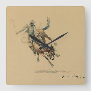 Relógio Quadrado Cowboy em um Bucking Horse #3 por Edward Borein