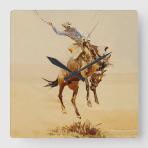 Relógio Quadrado Cowboy em um Cavalo Empinando #2 por Edward Borein