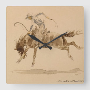 Relógio Quadrado Cowboy em um Cavalo Empinando de Edward Borein