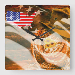 Relógio Quadrado Cowboy Hat Lasso American Flag Sunrays