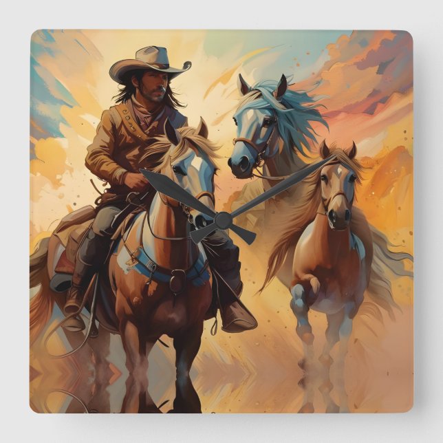 Relógio Quadrado Cowboy Western Horses, Colônia de bronzeamento azu (Frente)