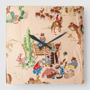 Relógio Quadrado Cowboys - Vintage Wallpaper - Wild West Square Wal