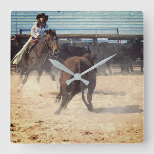 Relógio Quadrado Cowgirl Corral Separando Gado Western 