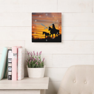 Relógio Quadrado Cowgirl Sunset Trailride Wall Clock
