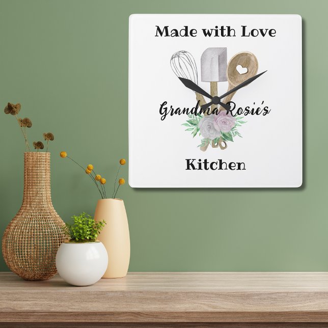 Relógio Quadrado Cozinha da avó | Feito com Amor Personalizado (Celebrate your love of Grandma's cooking with this custom clock with watercolor kitchen utensils.)