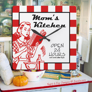 Relógio Quadrado Cozinha da Mamãe Vintage Retro anos 50 Vermelho