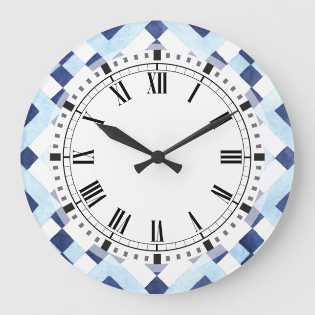 Relógio Quadrado Cozinha Geométrica do Marrocos Azul e Branco (Frente)