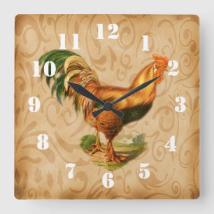 Relógio Quadrado Cozinha Ornamentado Rustic Country Rooster