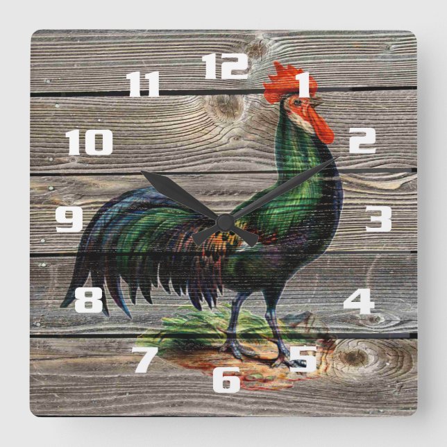 Relógio Quadrado Cozinha Rustic Country Rooster (Frente)