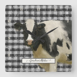 Relógio Quadrado Cozinha Rústica Gingham Gingham - Vaca Preta