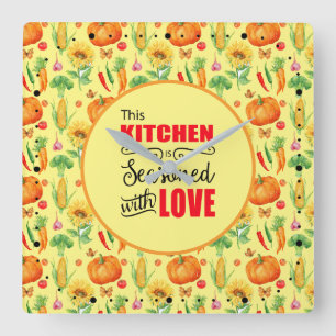 Relógio Quadrado Cozinha Temperada Com Amor Padrão de Legumes