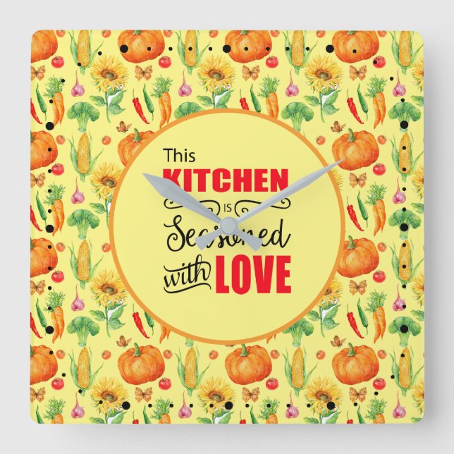 Relógio Quadrado Cozinha Temperada Com Amor Padrão de Legumes (Frente)