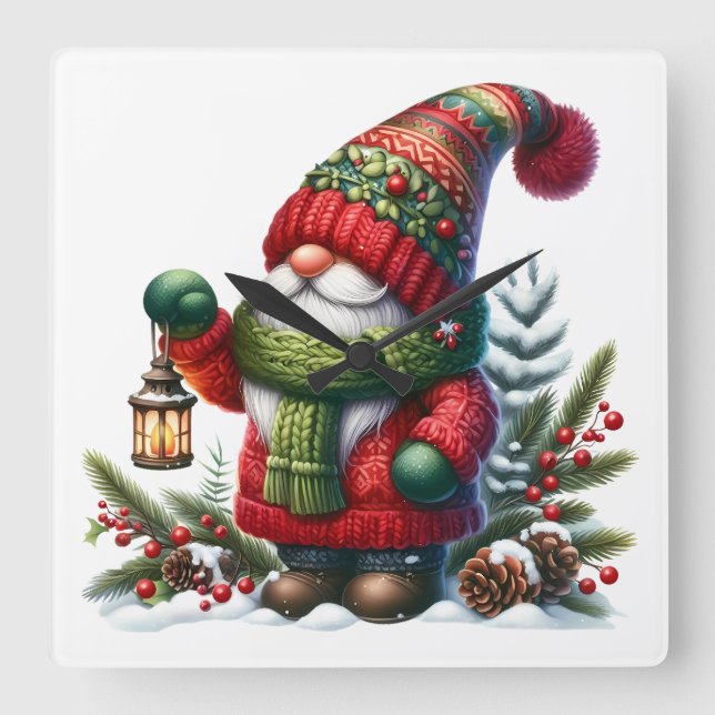 Relógio Quadrado Cozy Christmas Gnome Art – Festive Holiday (Frente)