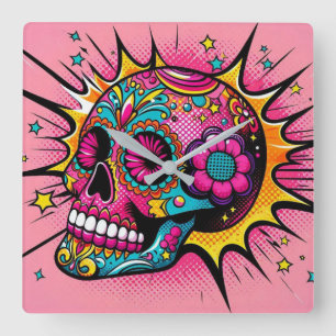 Relógio Quadrado Crânio de Açúcar de pop Art