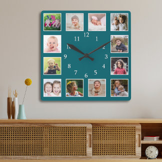 Relógio Quadrado Create Your Own 12 Family Photo Collage Teal
