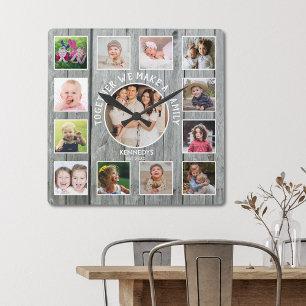 Relógio Quadrado Create Your Own 13 Photo Collage Rustic Gray Wood